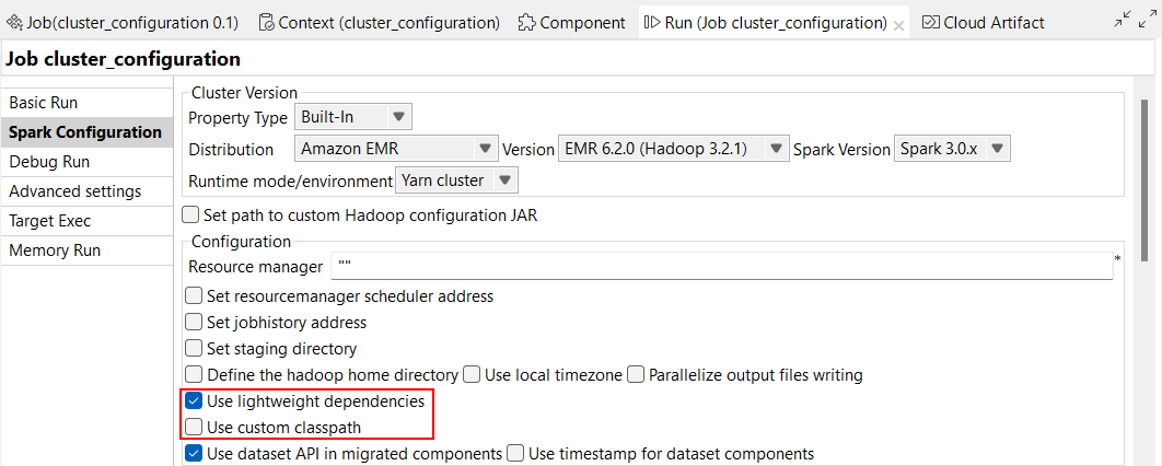 Spark Configuration view opened with "Use lightweight dependencies" option selected.