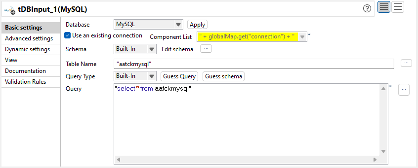 Basic settings view of a component.