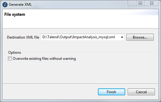 Generate XML dialog box.