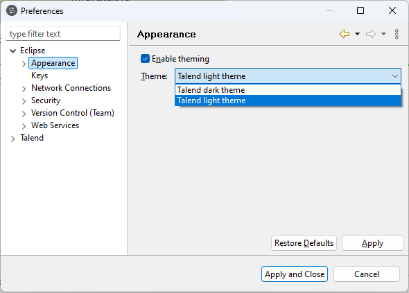 Appearance configuration in the Preferences dialog box.