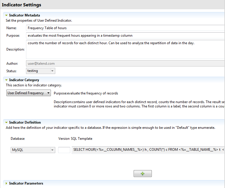 Overview of the Indicator Metadata, Indicator Category and Indicator Definition sections.