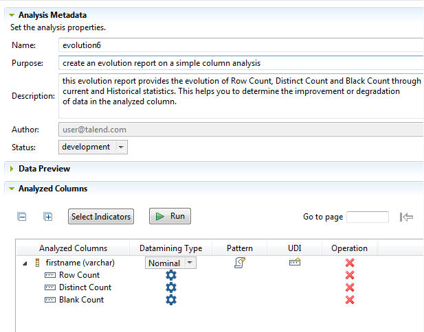 Configuration to apply the Row Count, the Blank Count, and the Distinct Count indicators.