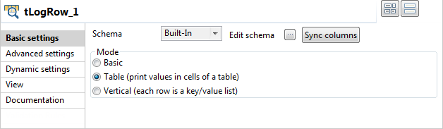 Basic settings view of the tLogRow component.