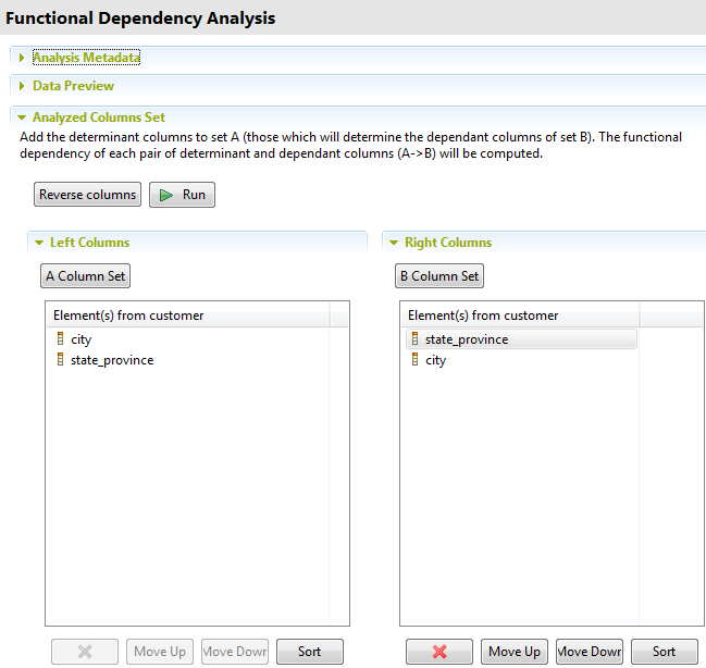 Overview of the Analyzed Columns Set section.