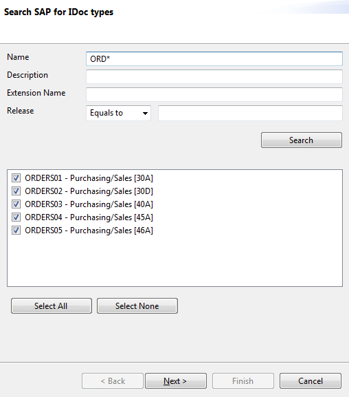 Search SAP for IDoc types dialog box.