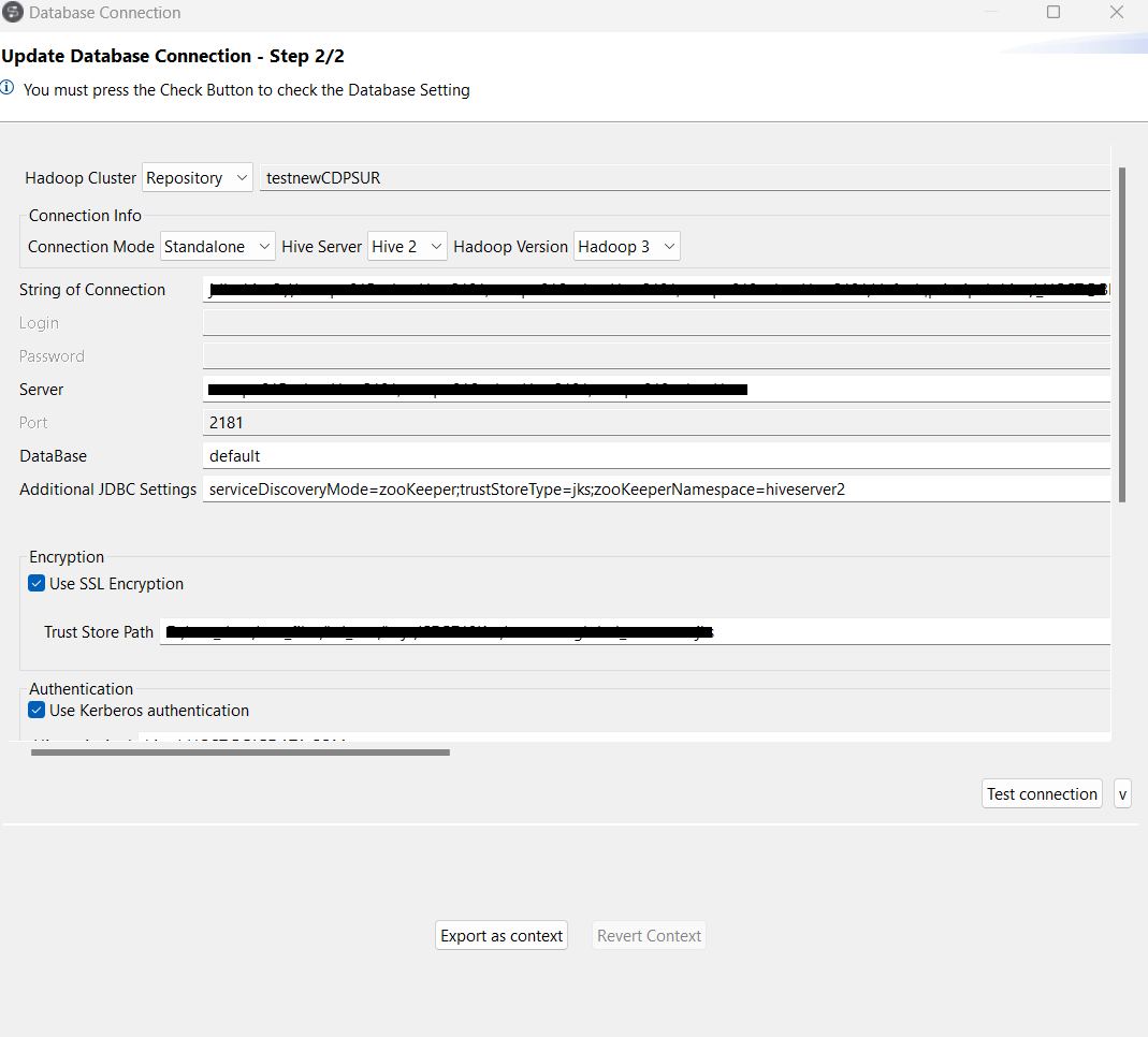 New Database Connection on repository - Step 2/2 dialog box showing Hive settings.