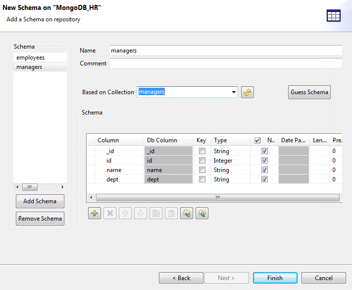 New Schema on "MongoDB_HR" dialog box showing schema added to repository.