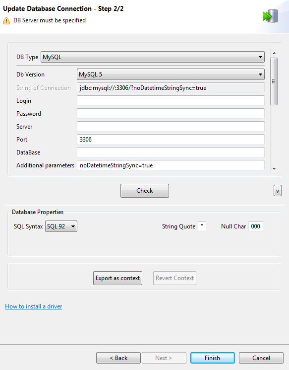 Update Database Connection - Step 2/2 dialog box.