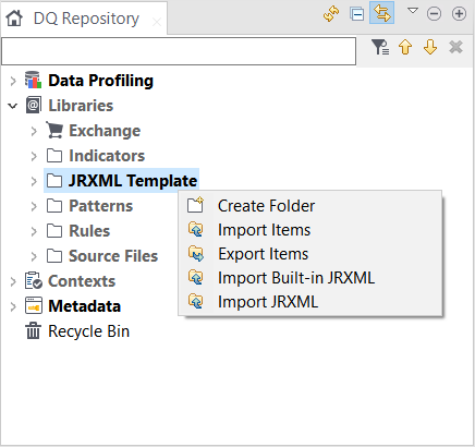 Contextual menu of the JRXML Template node.