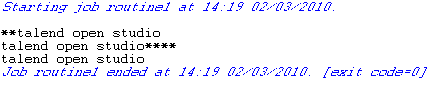 The result is "**talend open studio", then "talend open studio****", and "talend open studio" in the Run view.