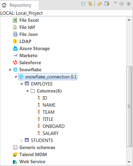 Snowflake connection displayed in the Repository tree view.