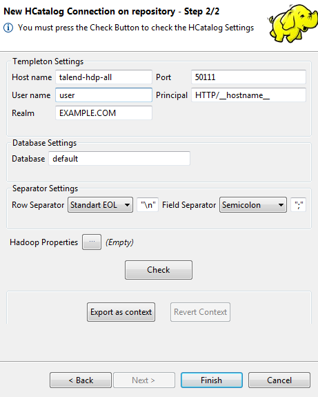 New HCatalog Connection on repository - Step 2/2 dialog box showing HCatalog setting.