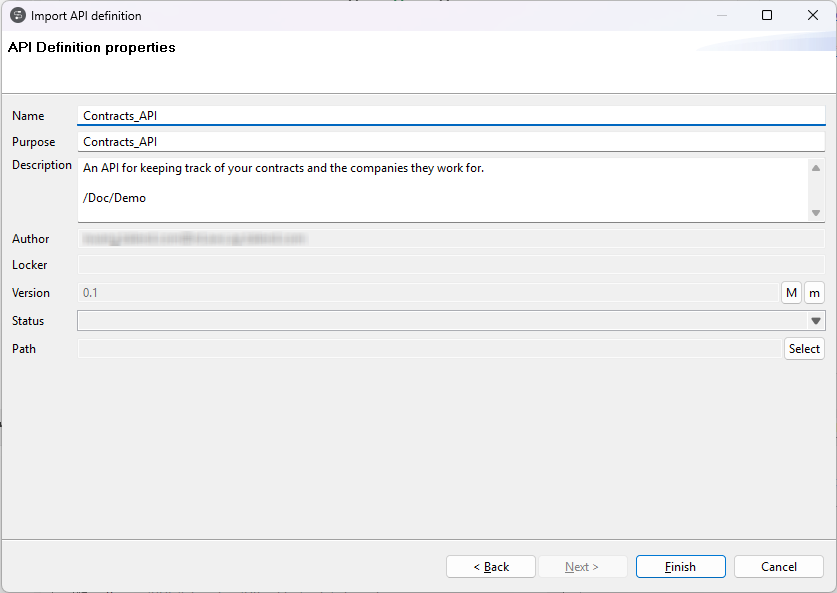 "Import API definition" dialog box.