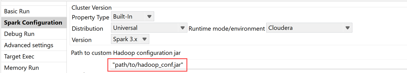 Spark Configuration view opened with the path to custom Hadoop configuration JAR file highlighted.