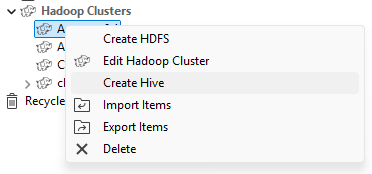 Contextual menu of a Hadoop connection.