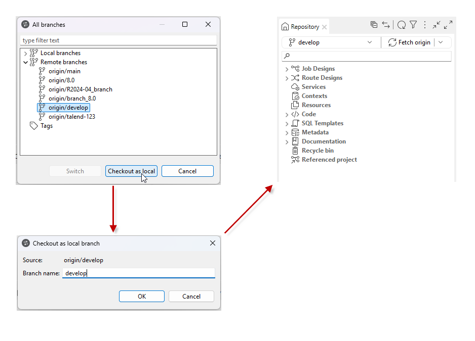Checking out the remote develop branch as a local branch and switching to the local develop branch.