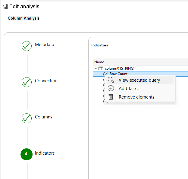 Contextual menu of an analyzed column from the Indicators menu.