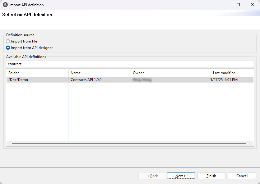 Import API definition dialog box with Import from API designer option selected.