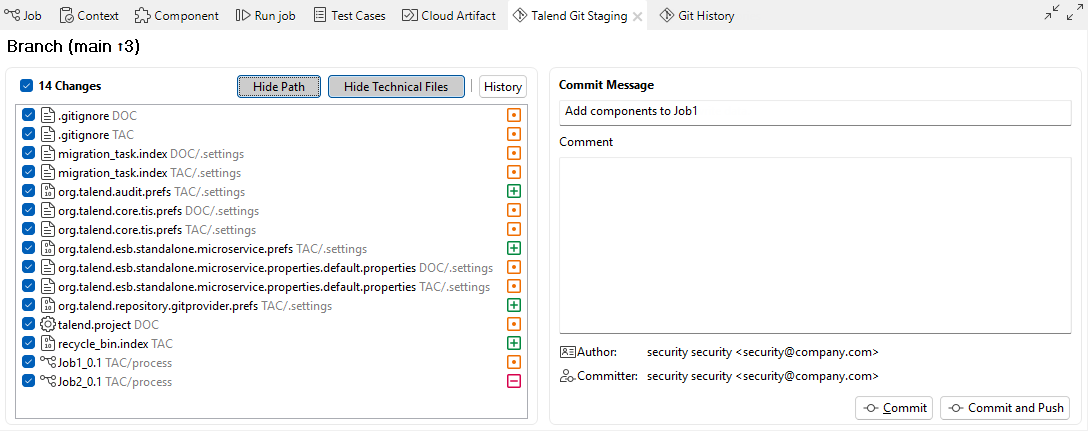 Talend Git Staging view with item path and technical files shown.