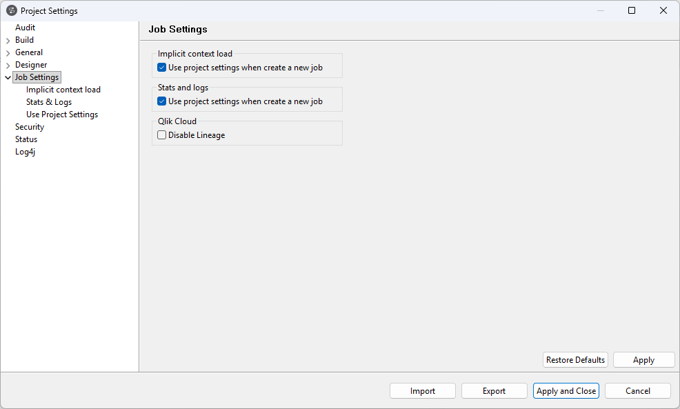 Job Settings view in the Project Settings dialog box.