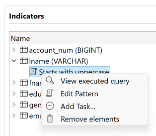 Contextual menu of an analyzed column from the Indicators menu.