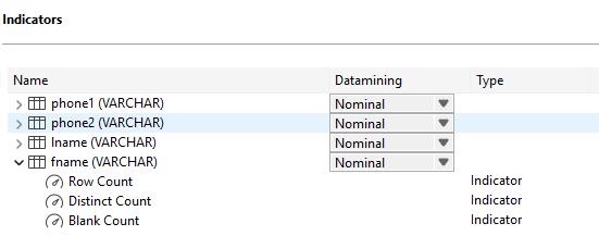 Configuration to apply the Row Count, the Blank Count, and the Distinct Count indicators.