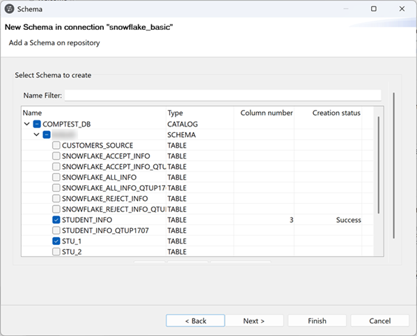 Select Schema to create dialog box.