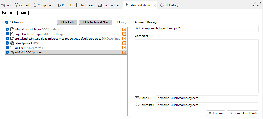 Talend Git Staging view with item path and technical files shown.