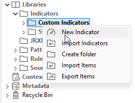 Contextual menu of the Custom Indicators node.