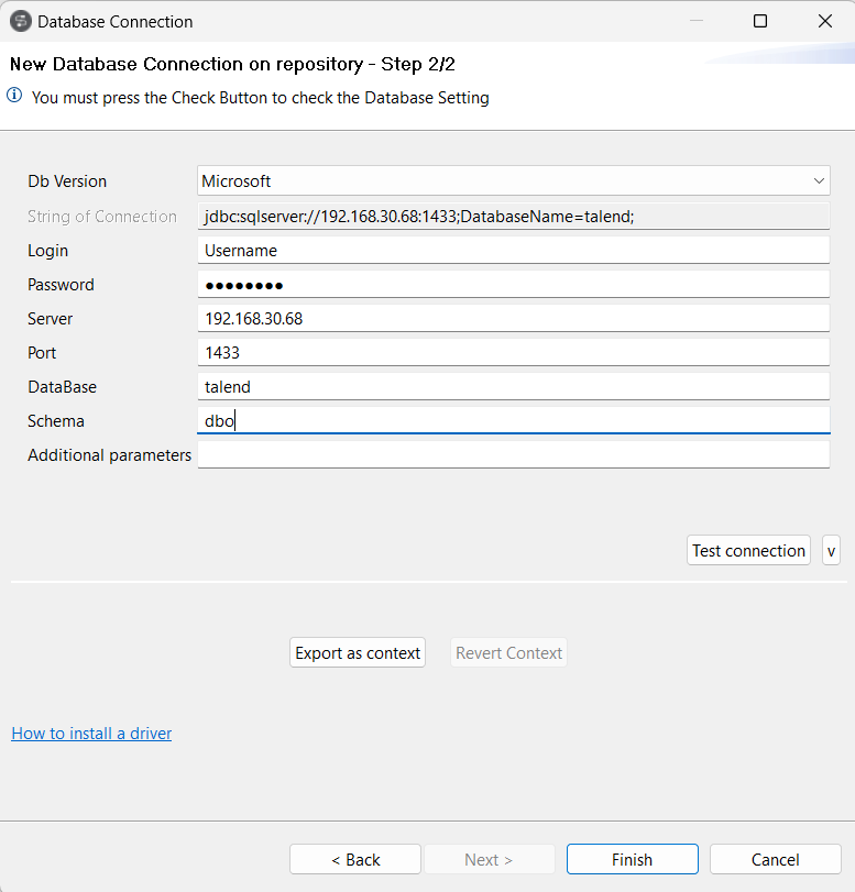 "New Database Connection on repository - Step 2/2" dialog box.