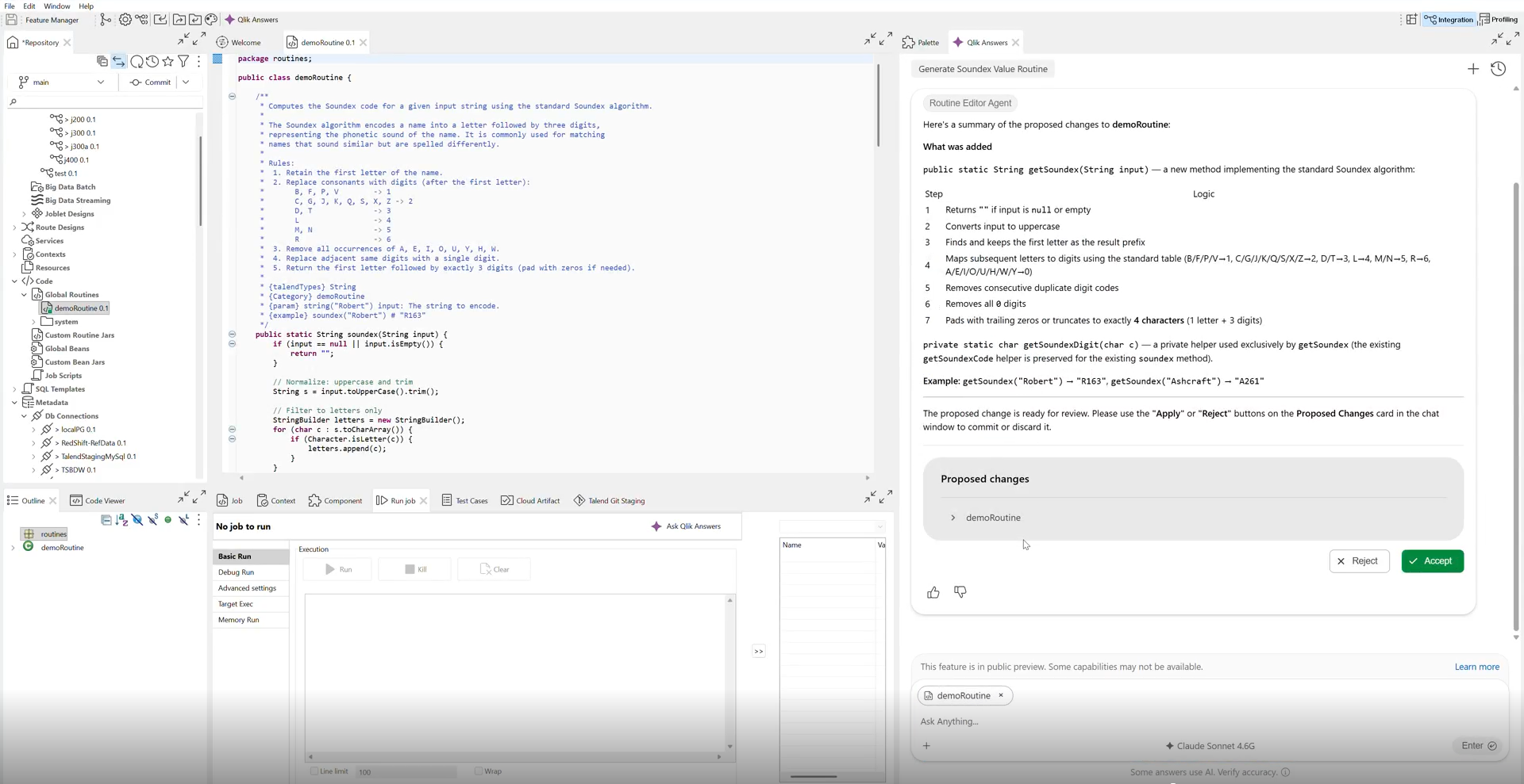 Example of Java code proposed by Qlik Answers in a Route.