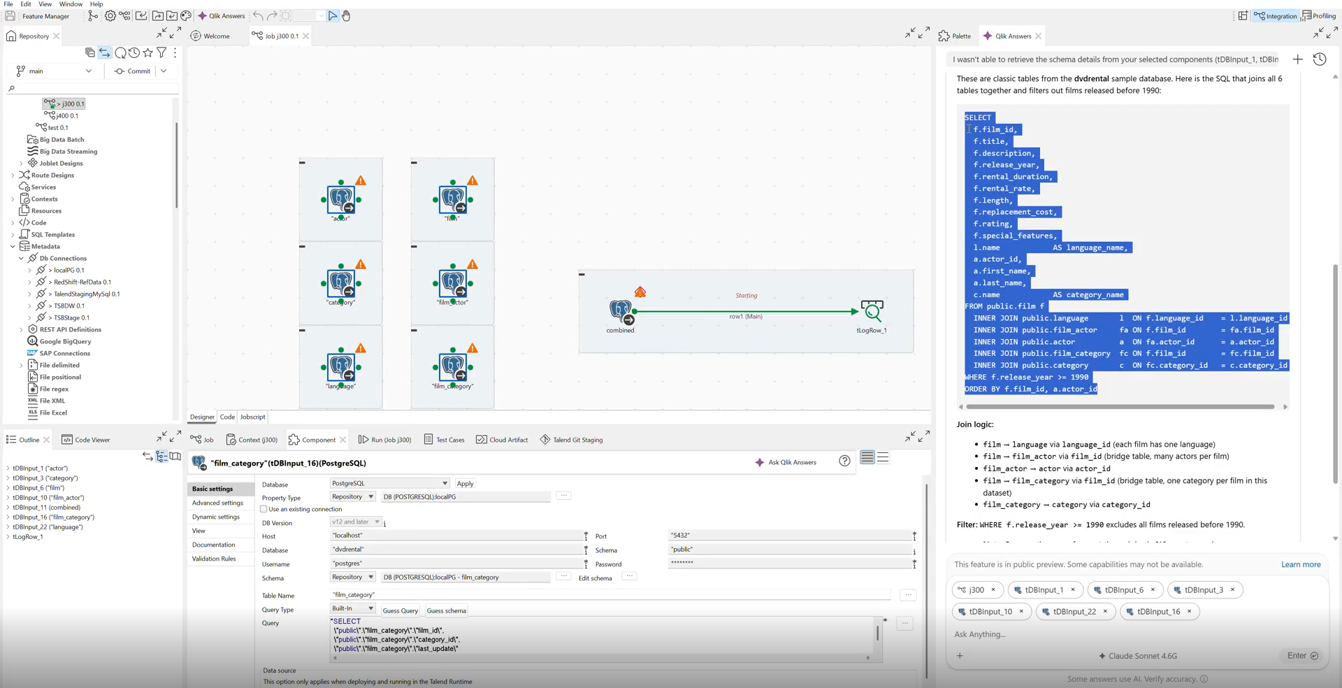 Example of SQL code proposed by Qlik Answers in a Job.