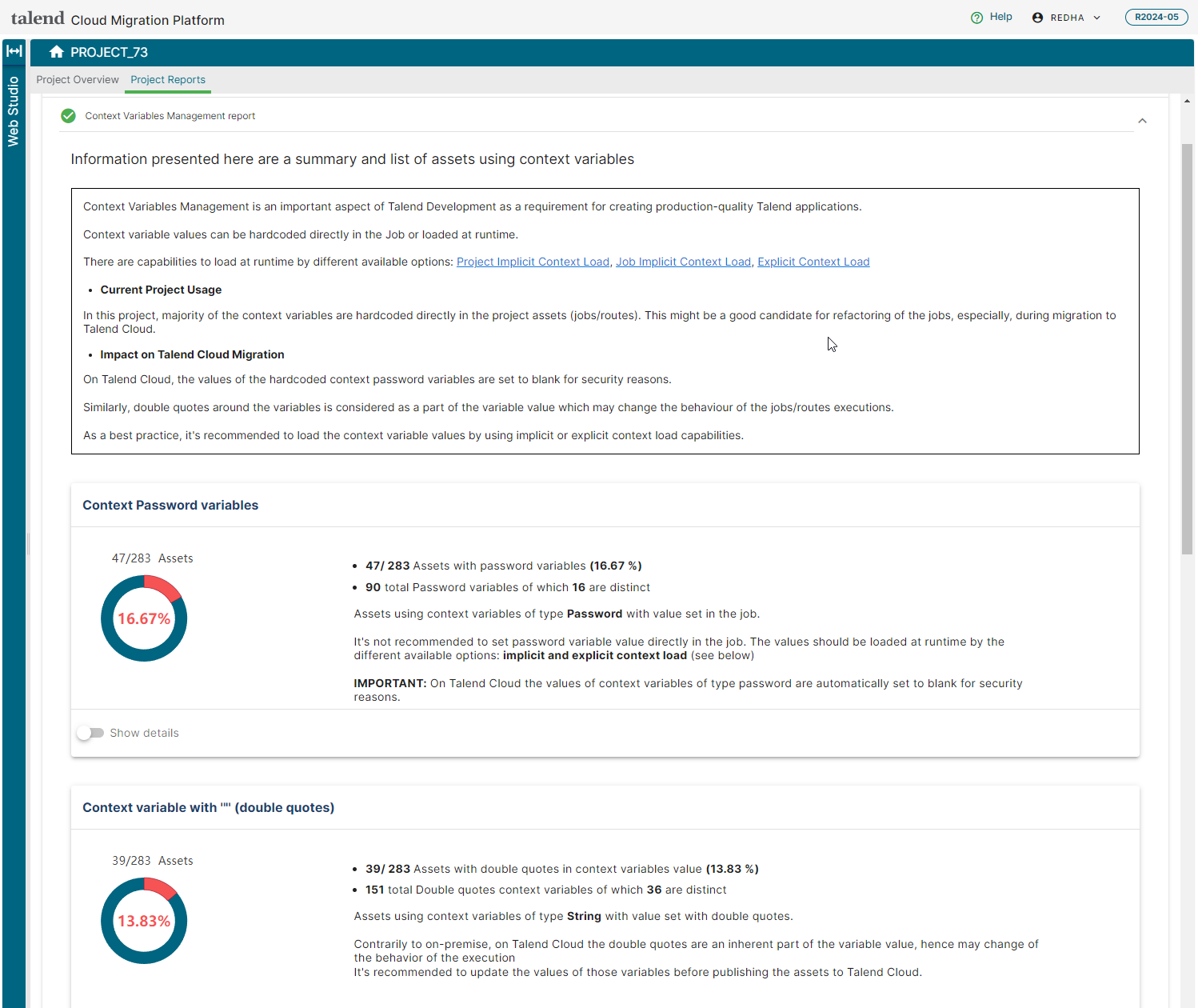 Example of a summary and list of assets using context variables