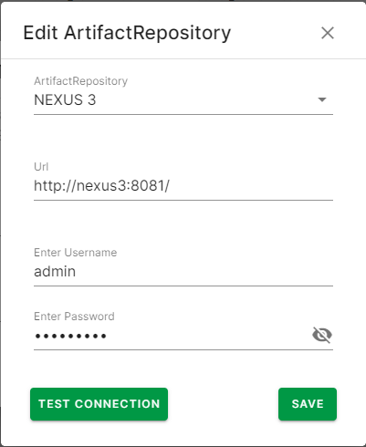 Edit Artifact Repository page with ArtifactRepository field, URL field, Username and Password fields populated