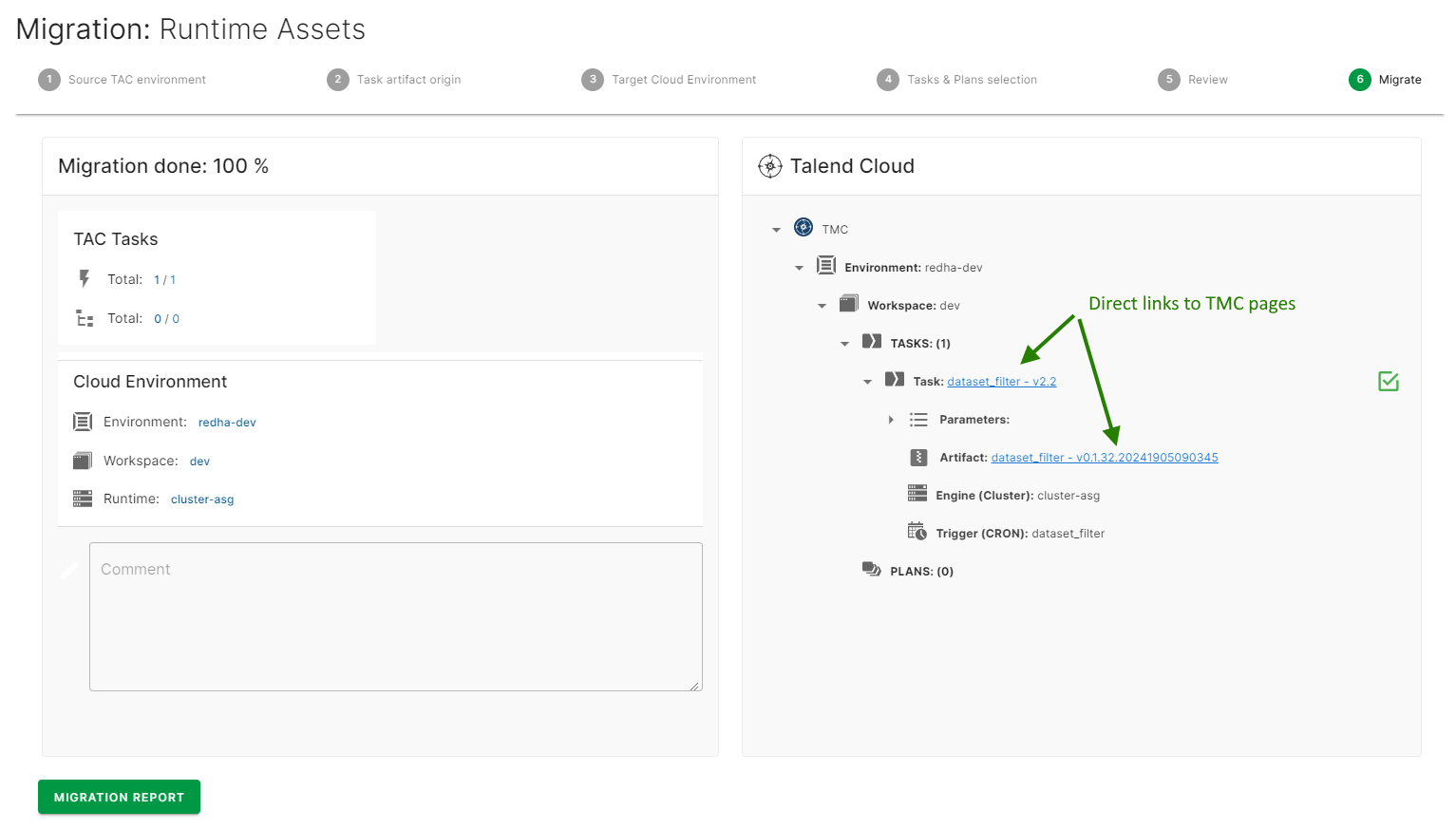 Migrate step with the direct links to TMC page of the plan highlighted