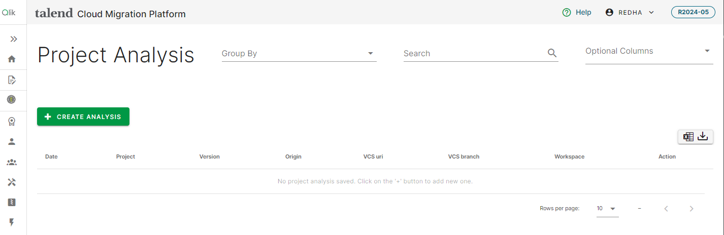 Project Analysis page with the plus button highlighted