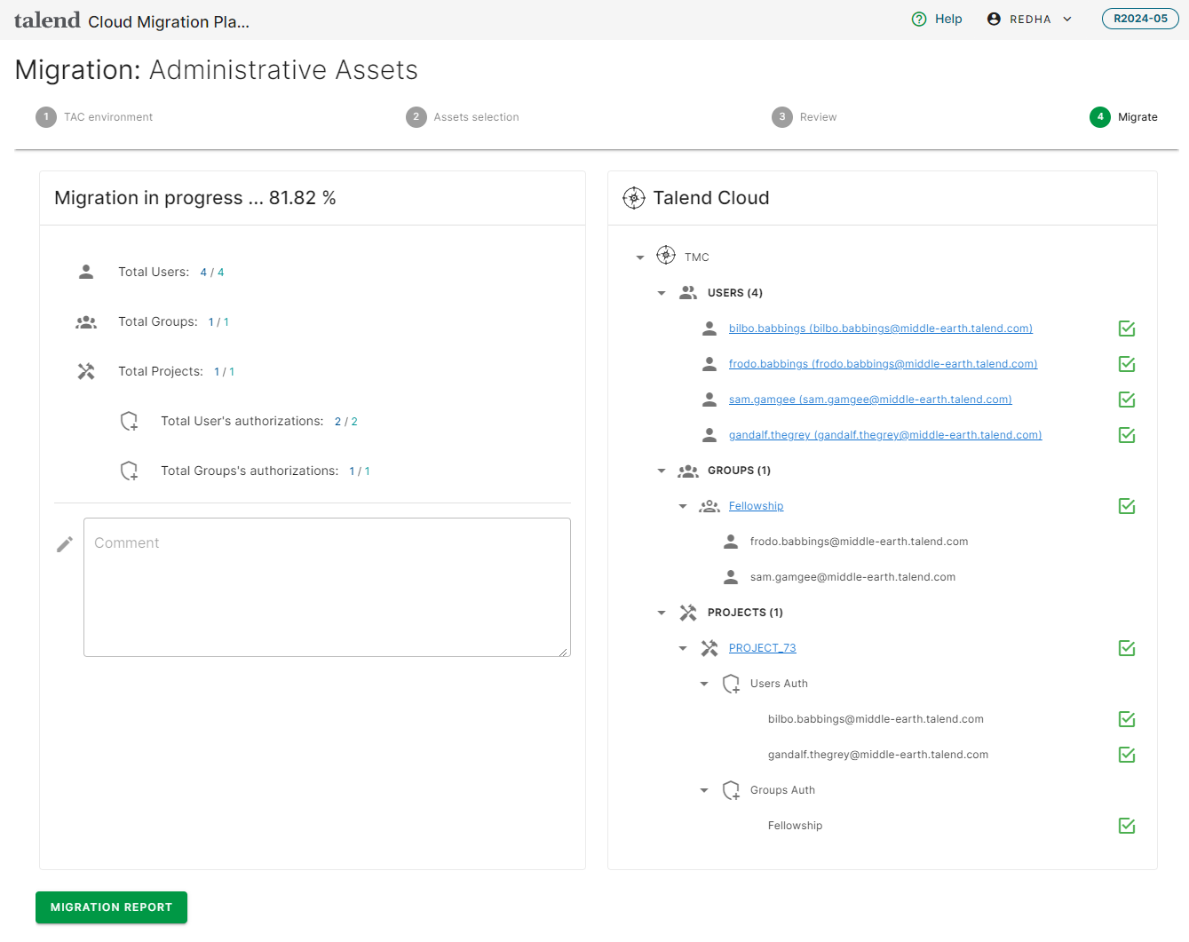 Migrate step displaying each asset with a green check mark