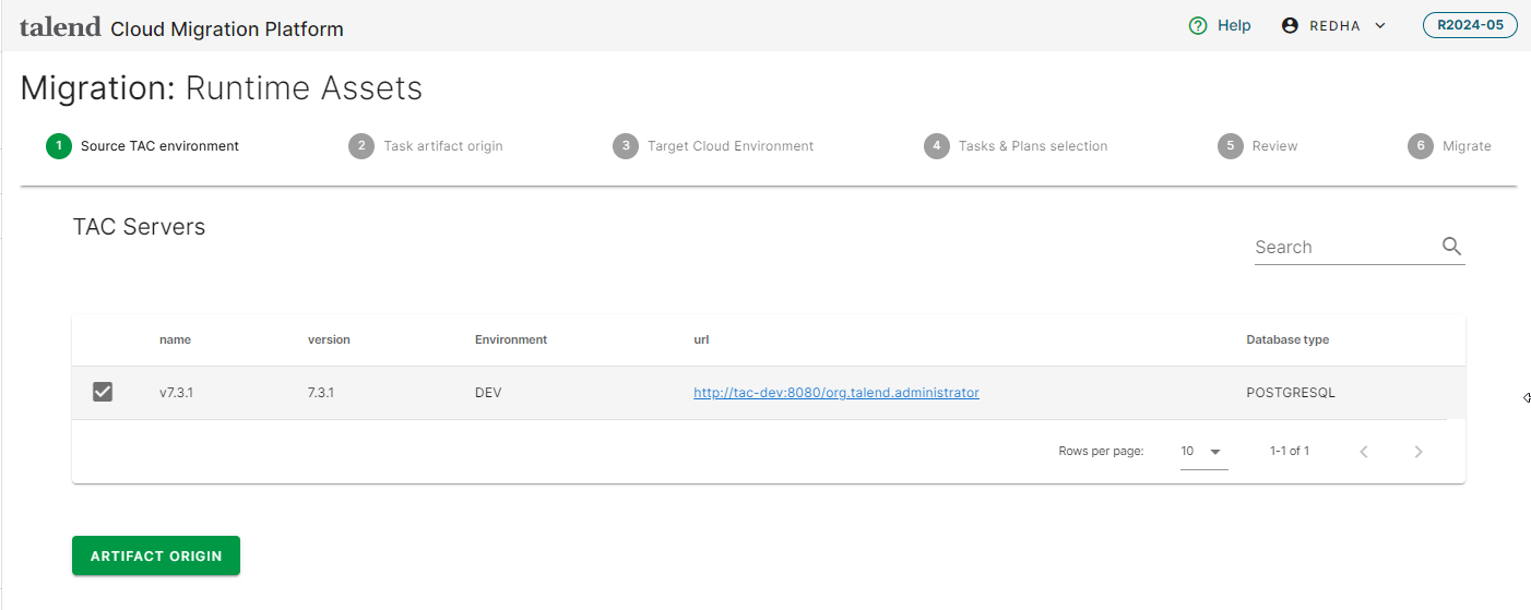 Migration: Runtime Assets page for the TAC servers selection