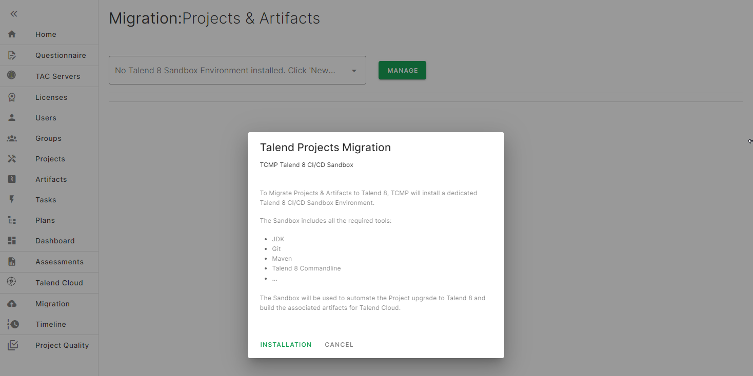 Popup asking to install the Talend 8 CI/CD sandbox environment