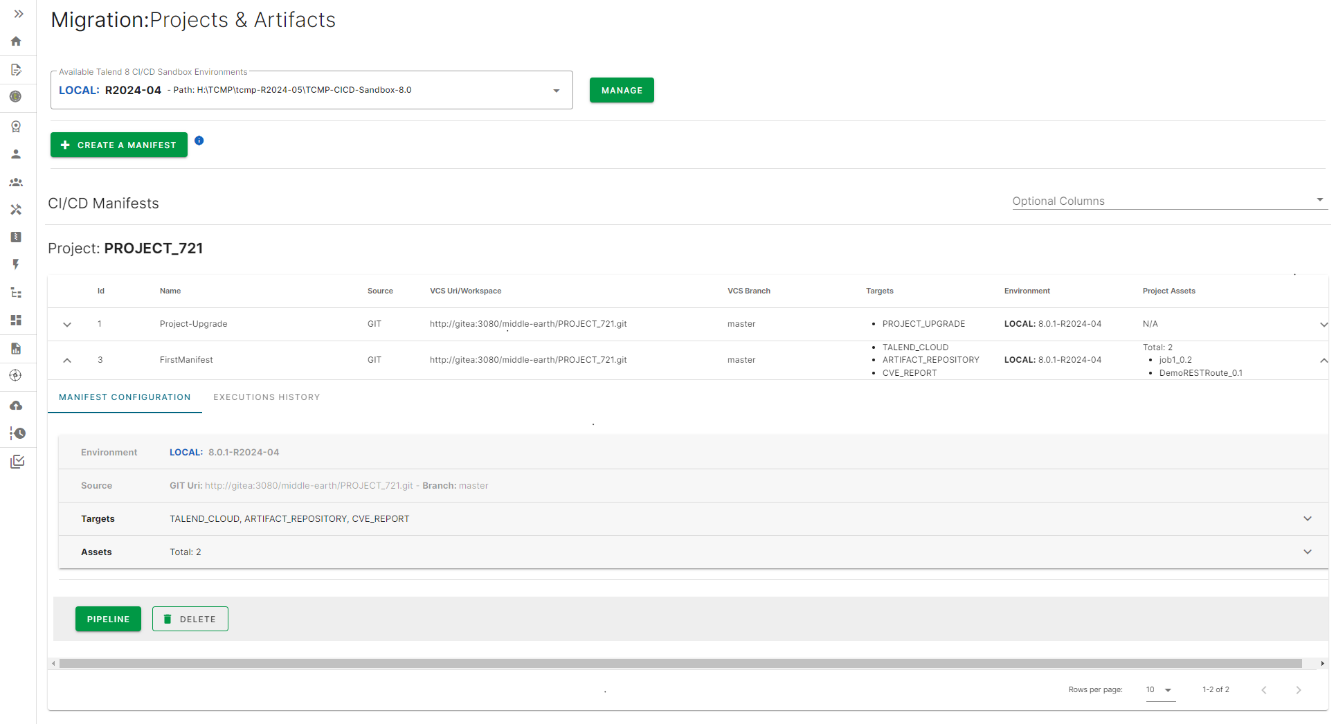 List of project manifests on Talend Cloud Migration Platform