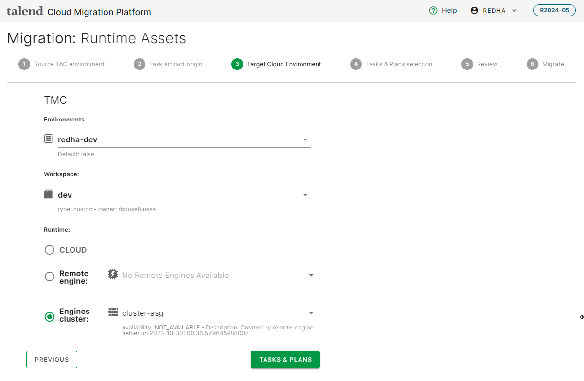 Target Cloud Environment configuration step