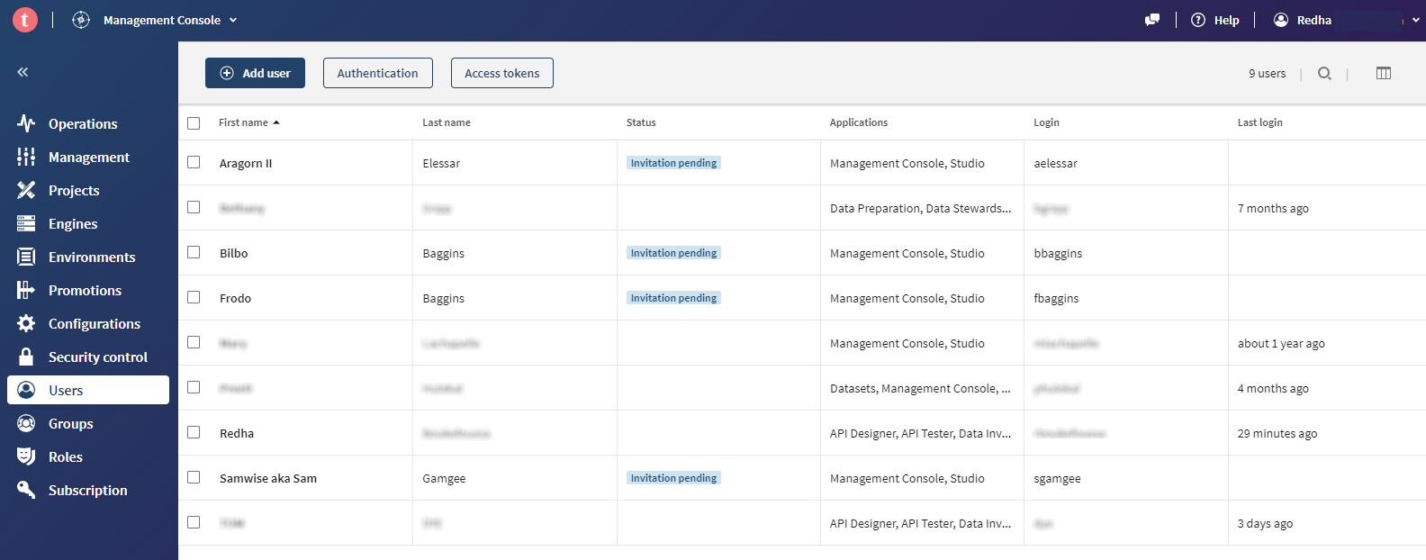 Example of a list of migrated users on Talend Cloud Management Console