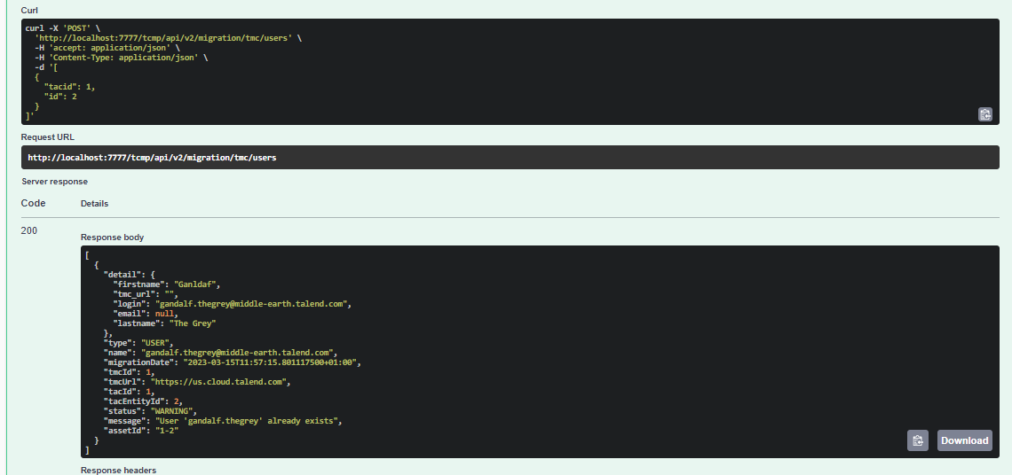 Example of a response body to get details of a migrated user