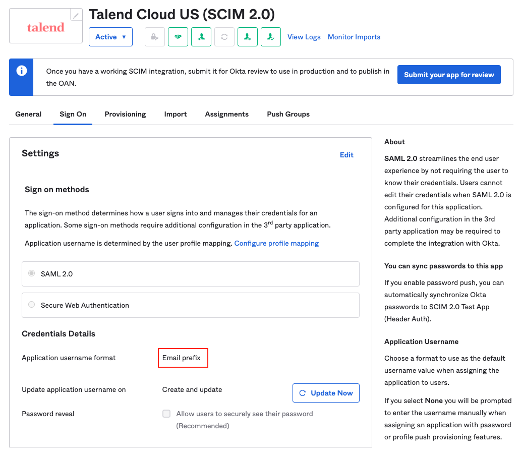 Highlight of the Email prefix selection in the Sign On tab.