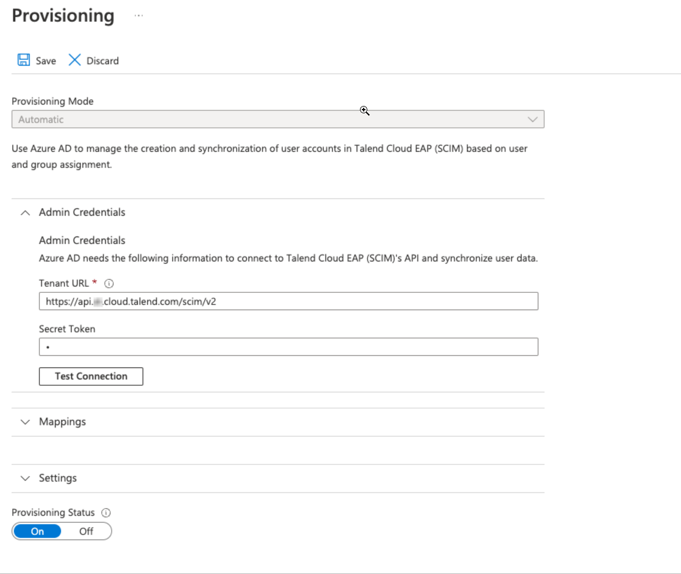 In the Provisioning settings, the Provisioning Mode is in Automatic and the Tenant URL and Secret Token settings display in the Admin Credentials list.