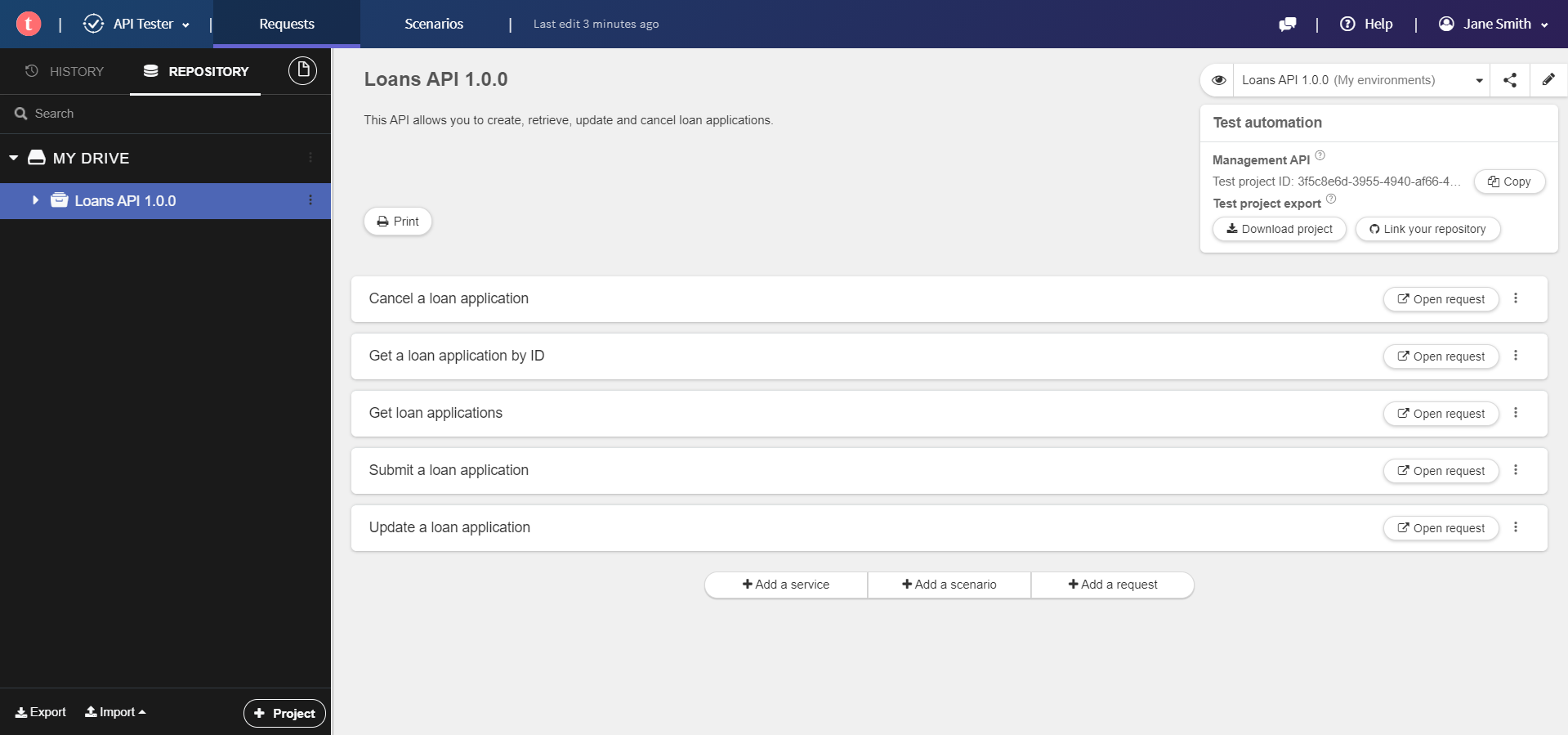 Nouveau projet dans Talend Cloud API Tester.