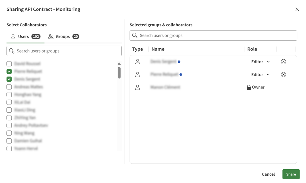 Boîte de dialogue Sharing API Contract (Partage du contrat d'API).
