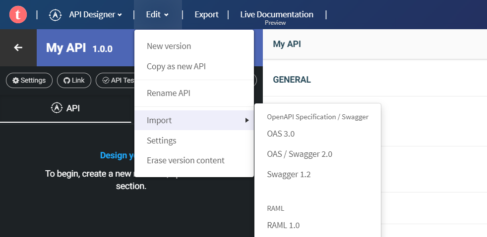 Capture d'écran du menu afin de sélectionner un format pour l'import d'une définition.