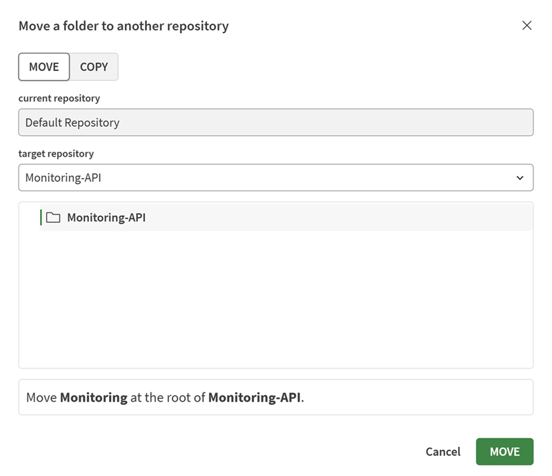 Fenêtre Move a folder to another repository (Déplacer un dossier vers un autre référentiel).