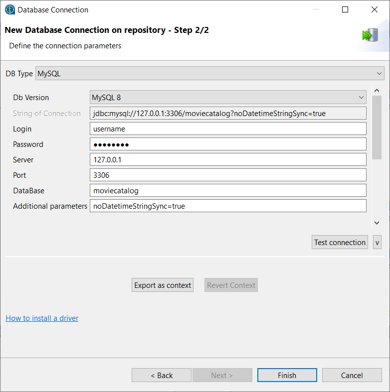 Boîte de dialogue Database connection (Connexion à la base de données).